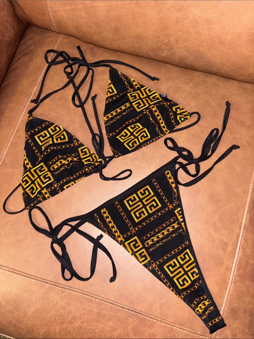 Greek Key & Chain Print Triangle Bikini Set Size Medium